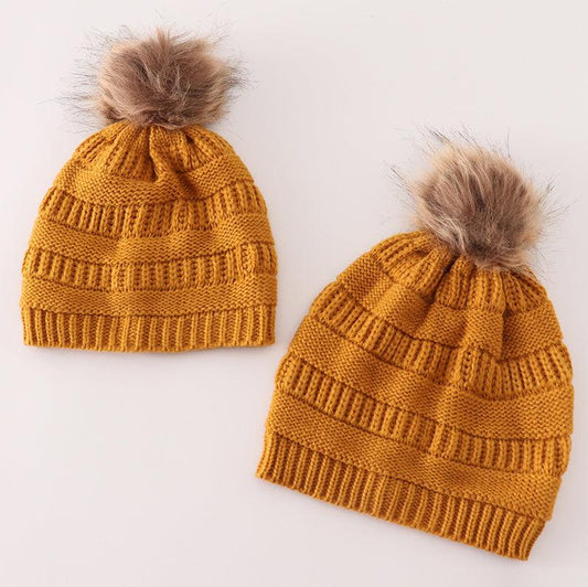 Cable Knit Pom Beanie - Mustard