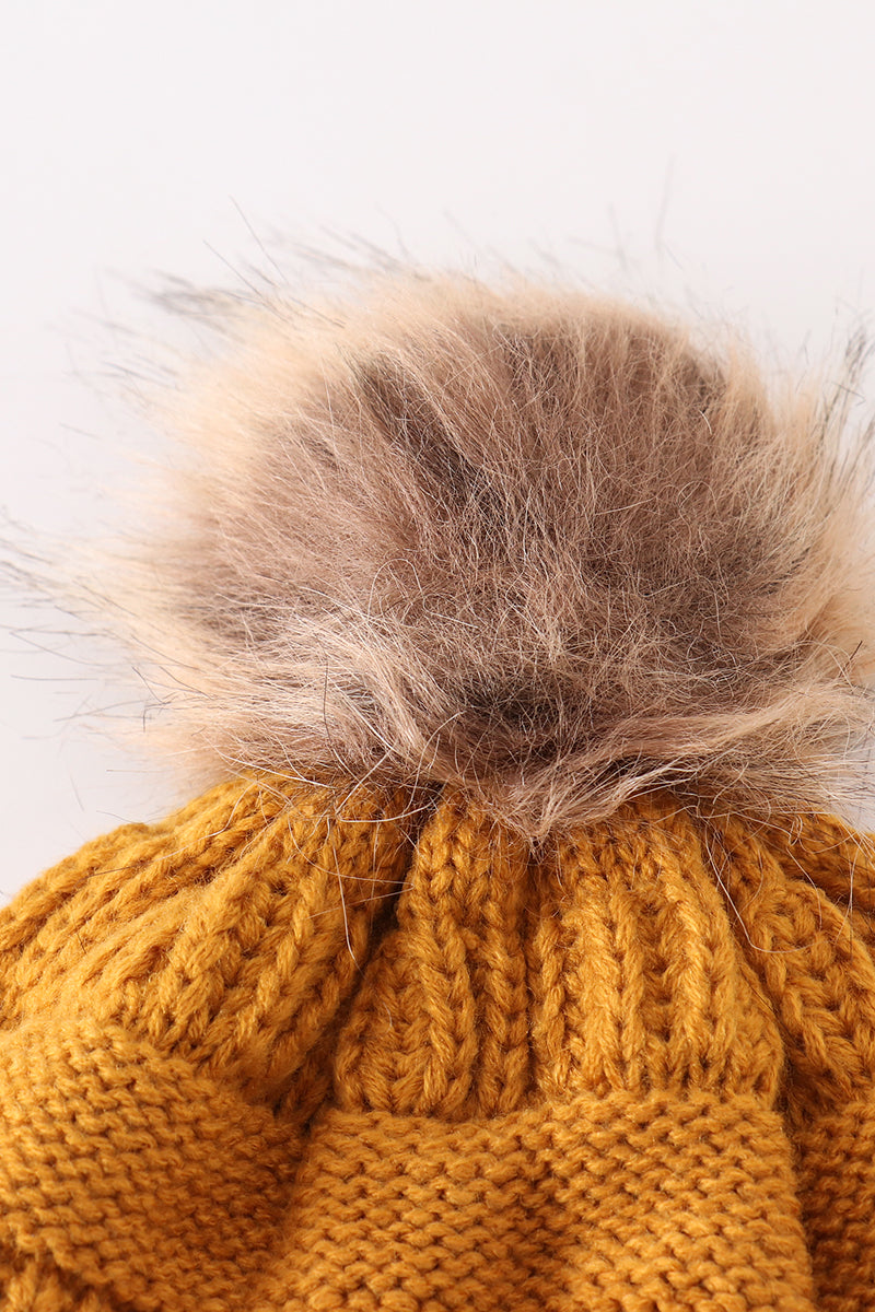 Cable Knit Pom Beanie - Mustard