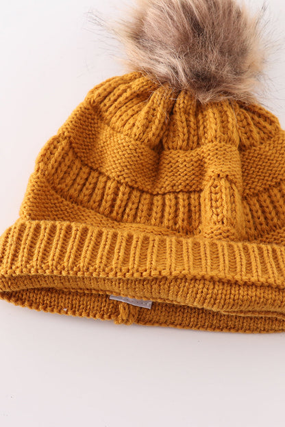 Cable Knit Pom Beanie - Mustard