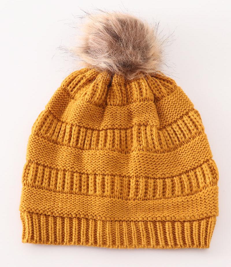 Cable Knit Pom Beanie - Mustard