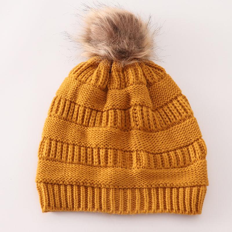 Cable Knit Pom Beanie - Mustard