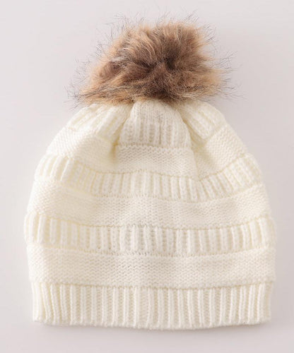 Cable Knit Pompom Beanie - Ivory