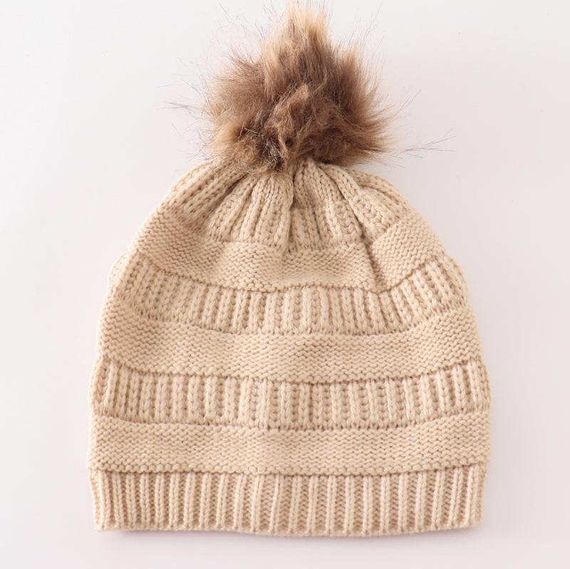 Cable Knit Pompom Beanie - Beige