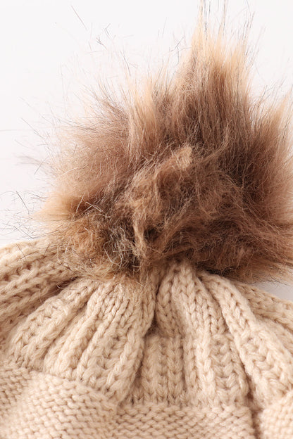 Cable Knit Pompom Beanie - Beige