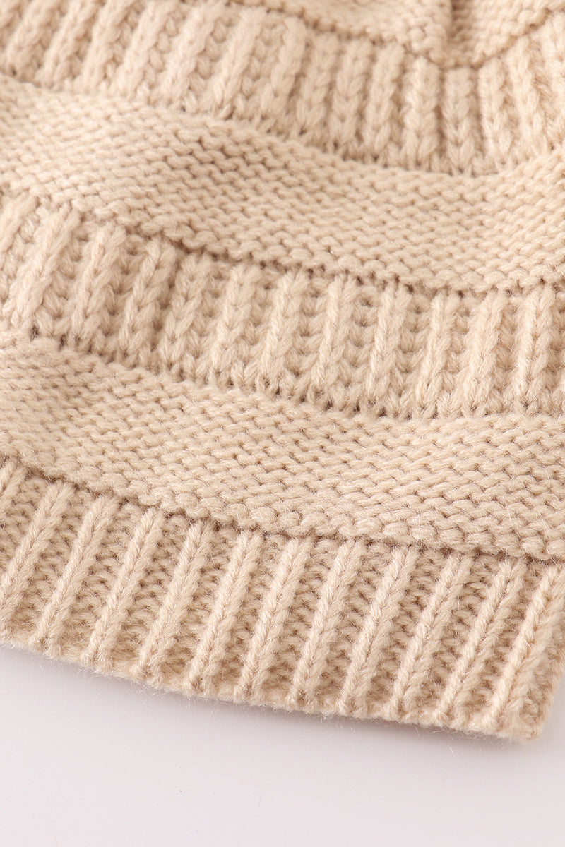 Cable Knit Pompom Beanie - Beige