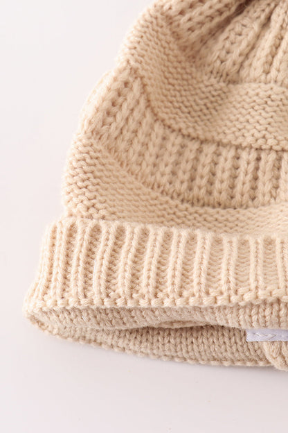 Cable Knit Pompom Beanie - Beige