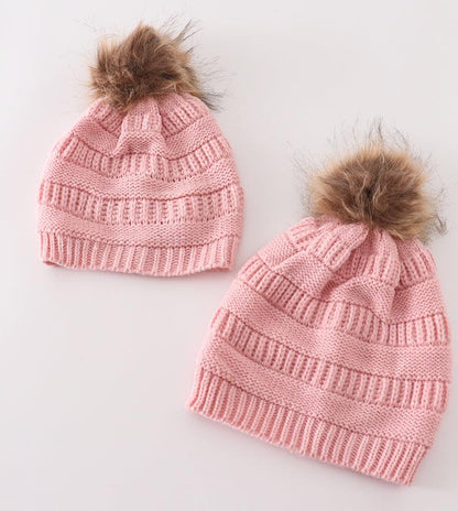 Cable Knit Pompom Beanie - Pink