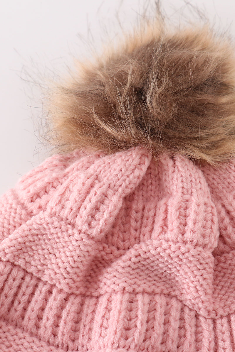 Cable Knit Pompom Beanie - Pink