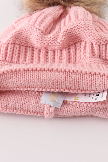 Cable Knit Pompom Beanie - Pink