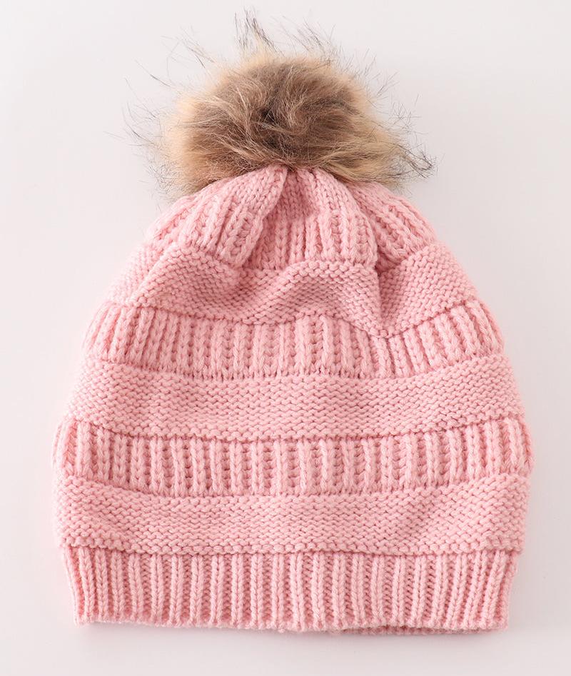 Cable Knit Pompom Beanie - Pink