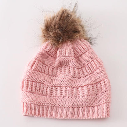 Cable Knit Pompom Beanie - Pink