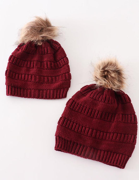 Pom Pom Cable Knit Beanie - Burgundy