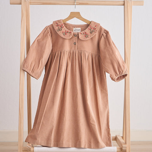 Floral Embroidered Beige Velveteen Dress