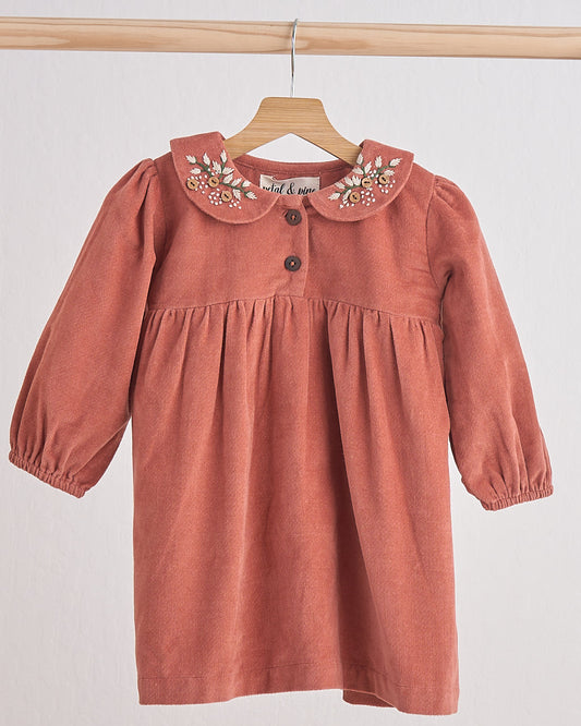 Floral Embroidered Rust Velveteen Dress