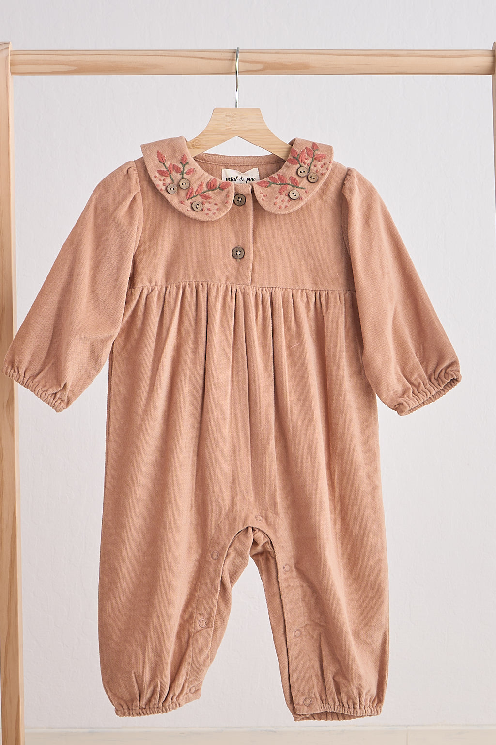 Floral Embroidered Beige Velveteen Girl Romper