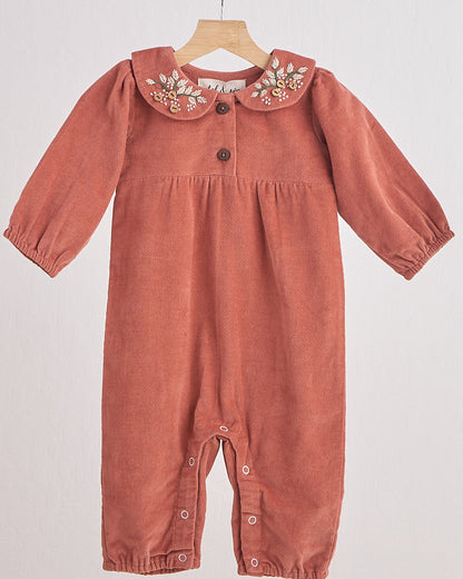 Floral Embroidered Rust Velveteen Girl Romper