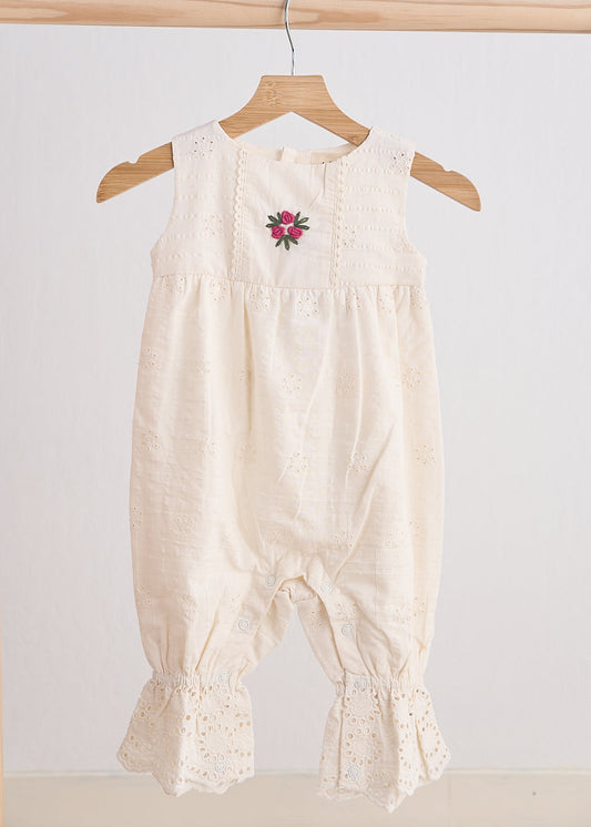 Hand-Embroidered Floral White Lace Baby Romper