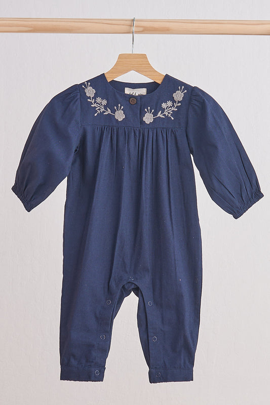 Floral Embroidered Navy Linen Girl Romper