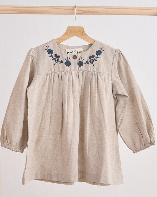 Floral Embroidered Khaki Linen Dress