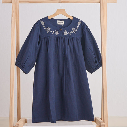 Floral Embroidered Navy Linen Dress