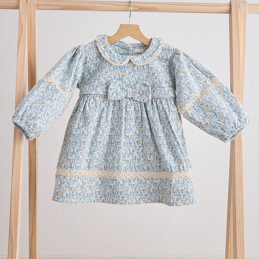 Blue Floral Corduroy Lace Dress