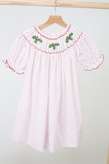 Red Christmas Holly Hand Smocked Polka Dot Dress