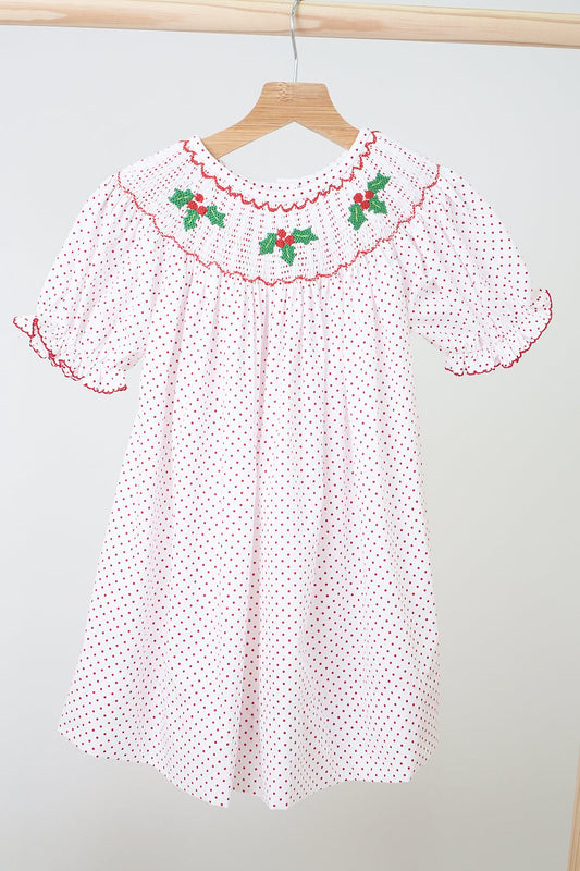 Red Christmas Holly Hand Smocked Polka Dot Dress