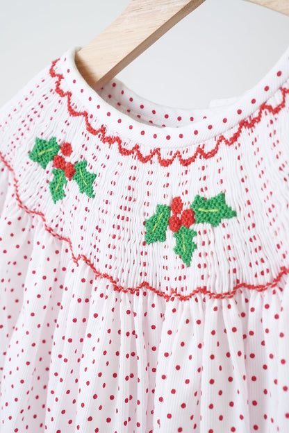 Red Christmas Holly Hand Smocked Polka Dot Dress