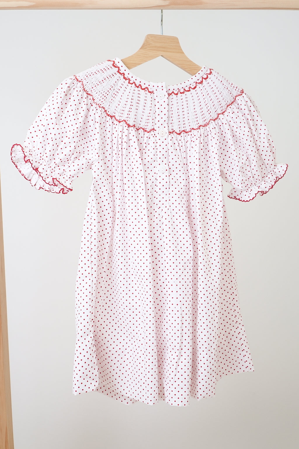 Red Christmas Holly Hand Smocked Polka Dot Dress