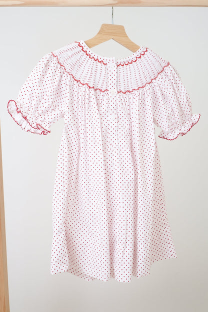 Red Christmas Holly Hand Smocked Polka Dot Dress