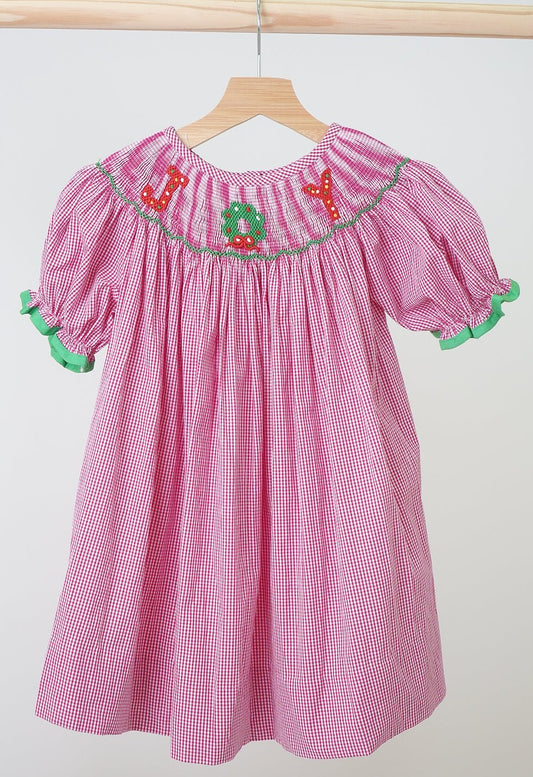 Pink Christmas Joy Hand Smocked Gingham Dress