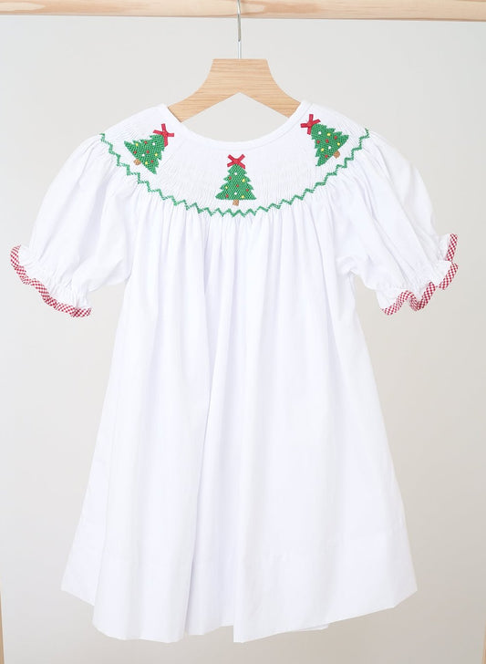 White Christmas Tree Hand Smocked Dress