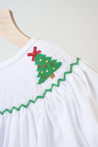 White Christmas Tree Hand Smocked Dress