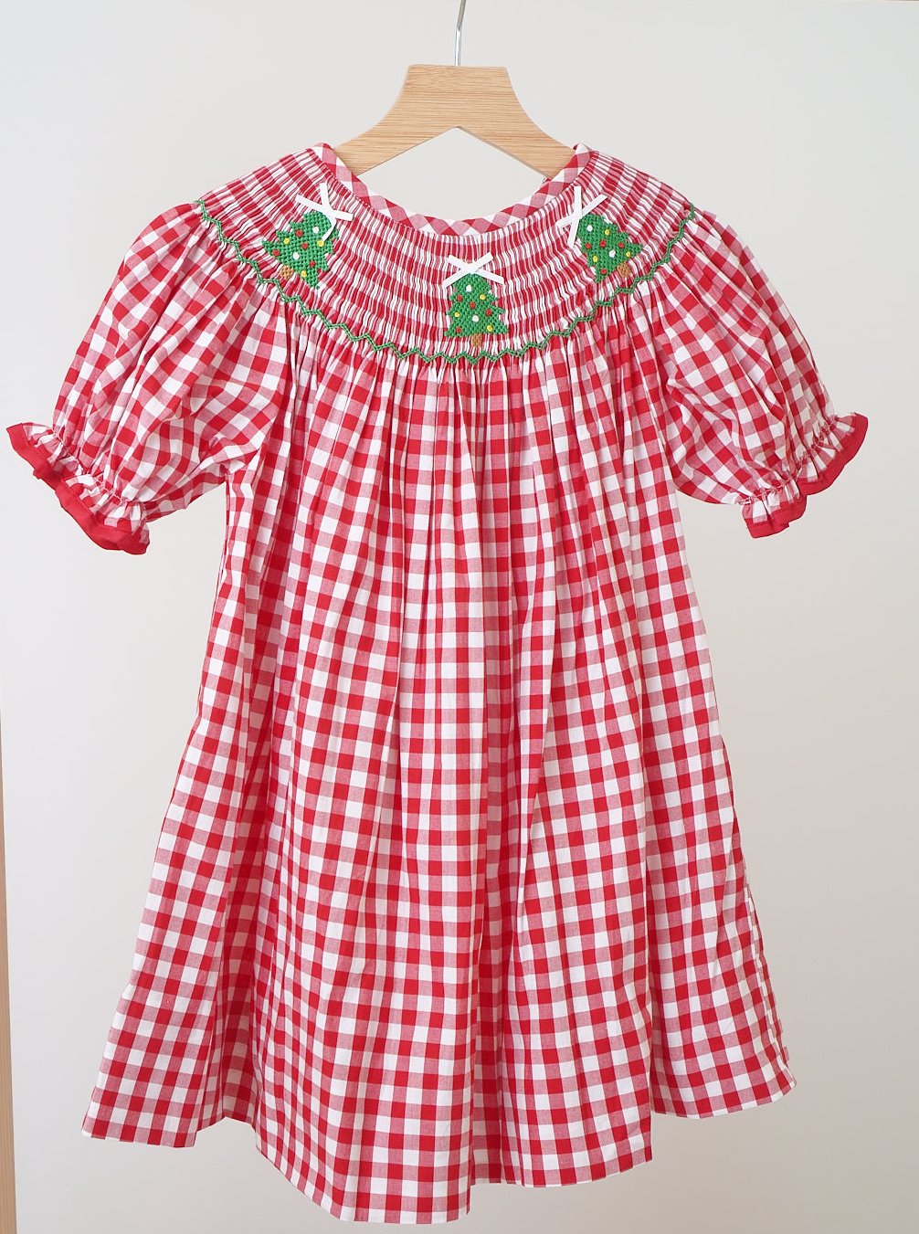 Red Christmas Tree Hand Smocked Gingham Dress