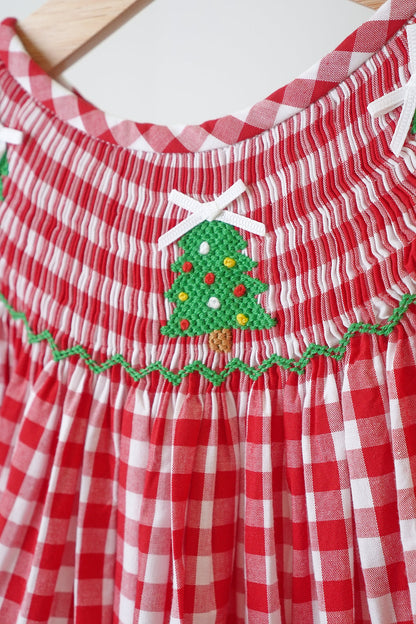 Red Christmas Tree Hand Smocked Gingham Dress