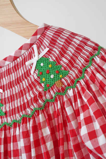 Red Christmas Tree Hand Smocked Gingham Dress