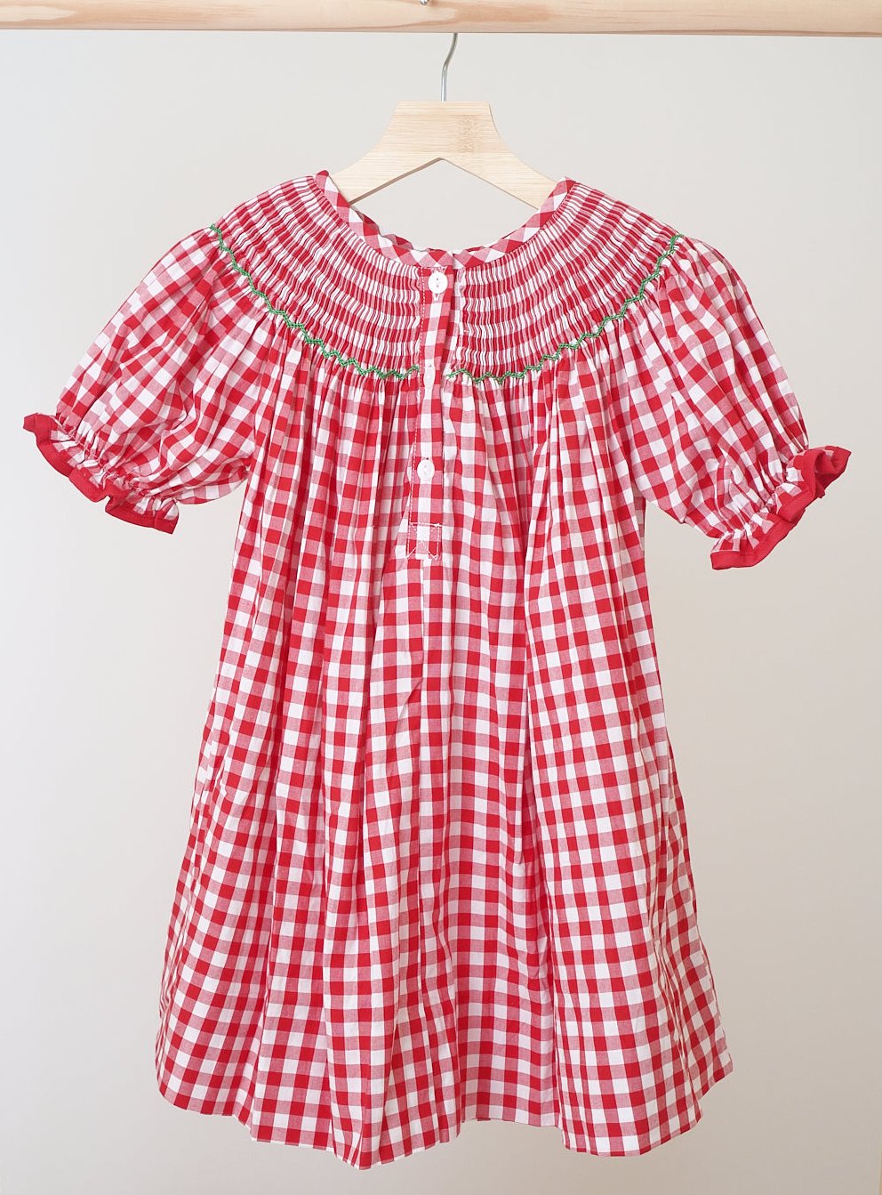 Red Christmas Tree Hand Smocked Gingham Dress