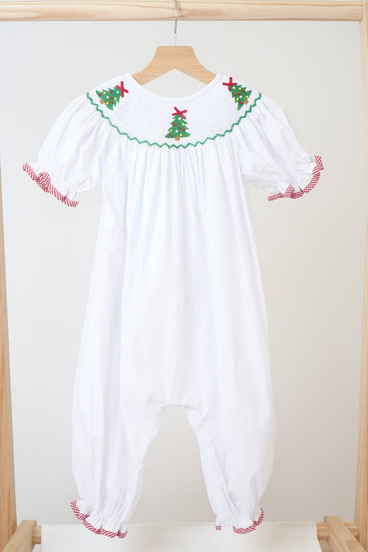 White Christmas Tree Hand Smocked Girl Romper