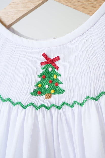 White Christmas Tree Hand Smocked Girl Romper