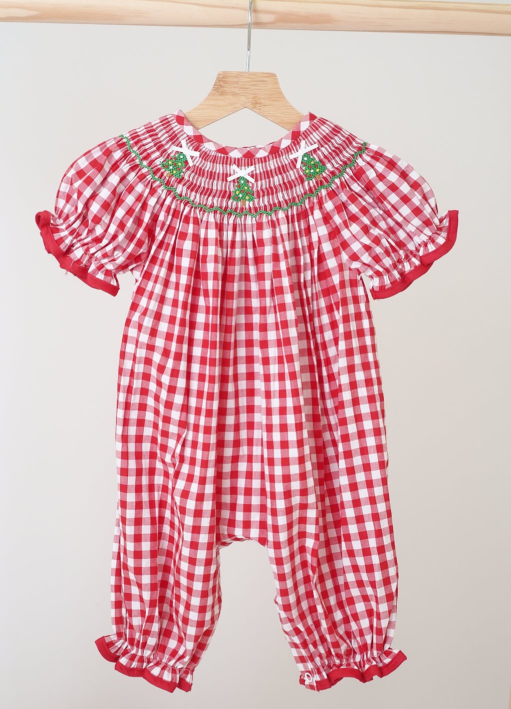 Red Christmas Tree Hand Smocked Gingham Romper