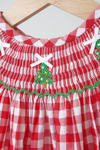 Red Christmas Tree Hand Smocked Gingham Romper