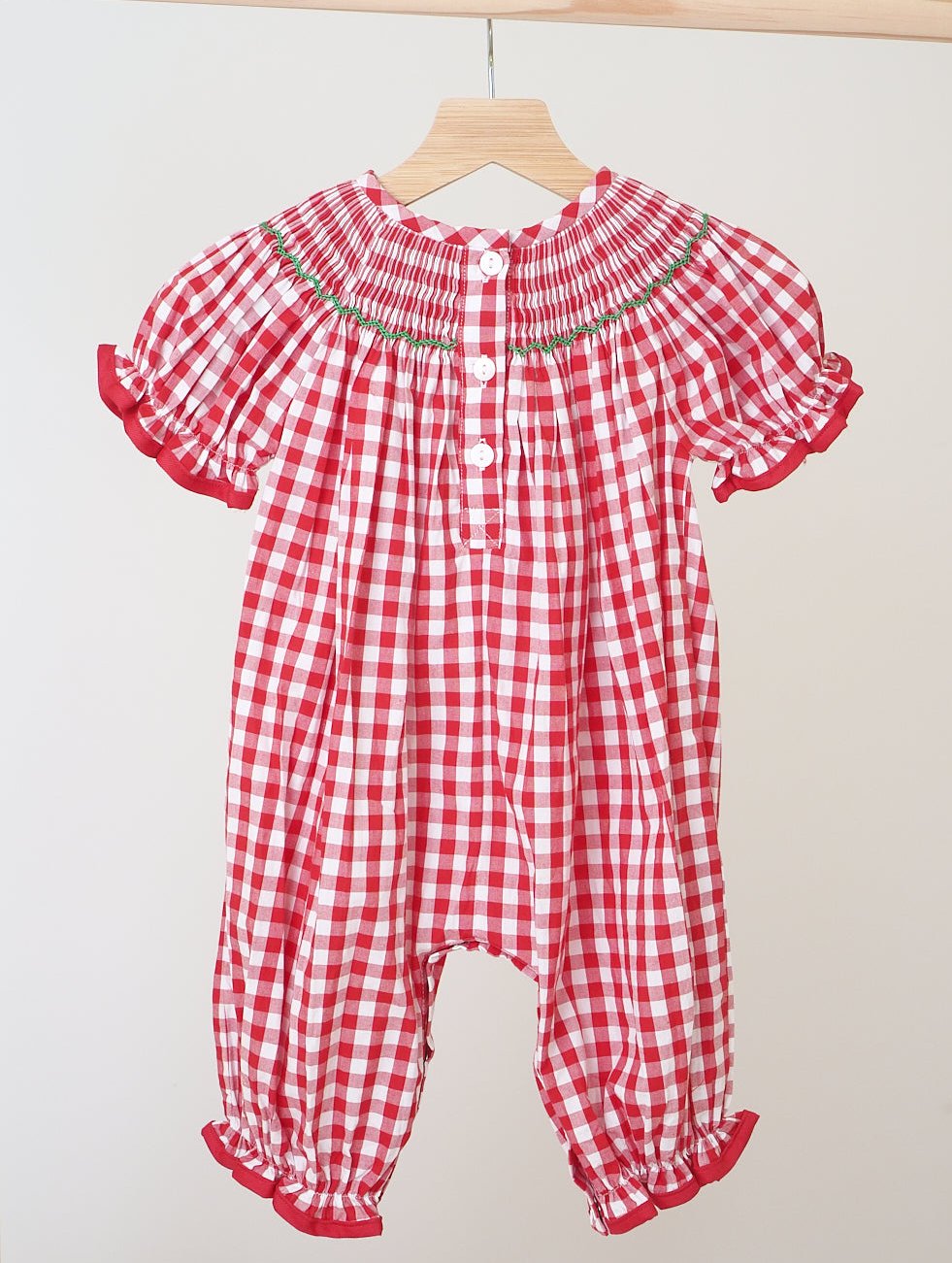 Red Christmas Tree Hand Smocked Gingham Romper