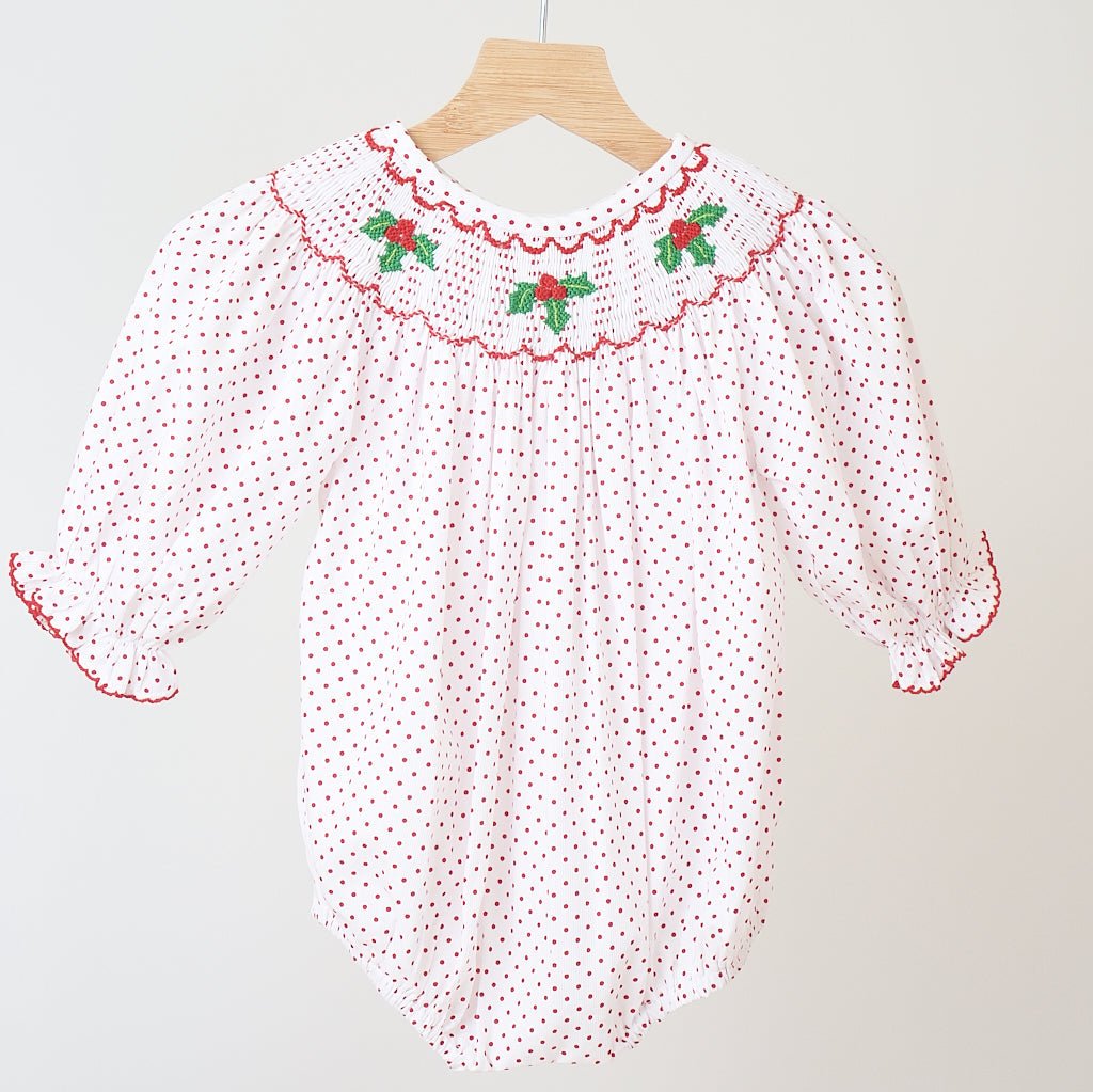 Red Christmas Holly Hand Smocked Polka Dot Bubble