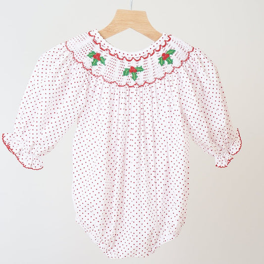 Red Christmas Holly Hand Smocked Polka Dot Bubble