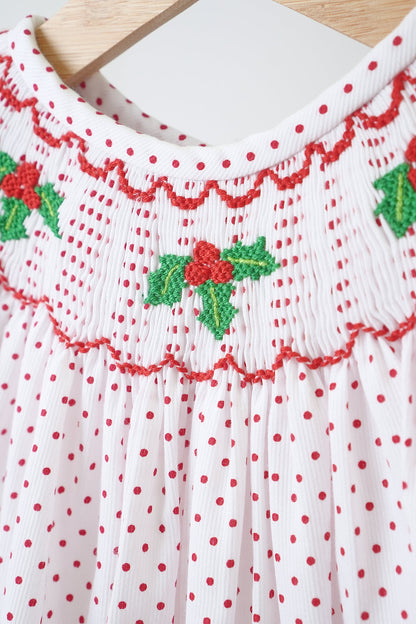 Red Christmas Holly Hand Smocked Polka Dot Bubble