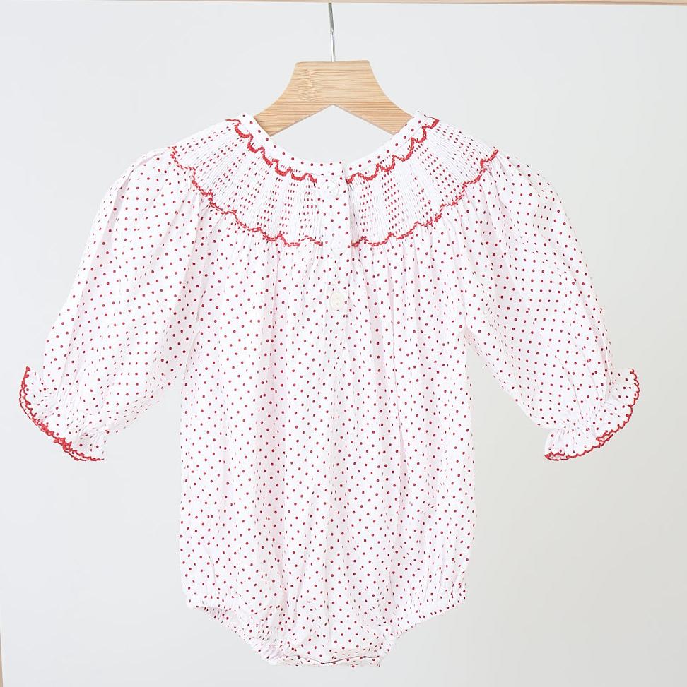 Red Christmas Holly Hand Smocked Polka Dot Bubble