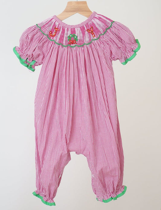 Pink Christmas Joy Hand Smocked Girl Gingham Romper