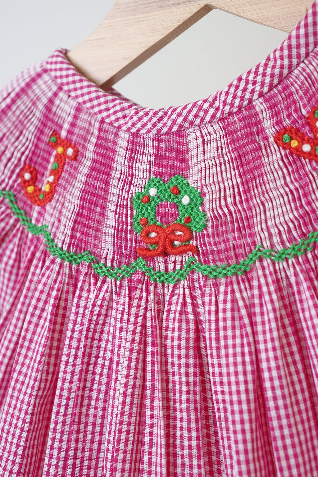 Pink Christmas Joy Hand Smocked Girl Gingham Romper