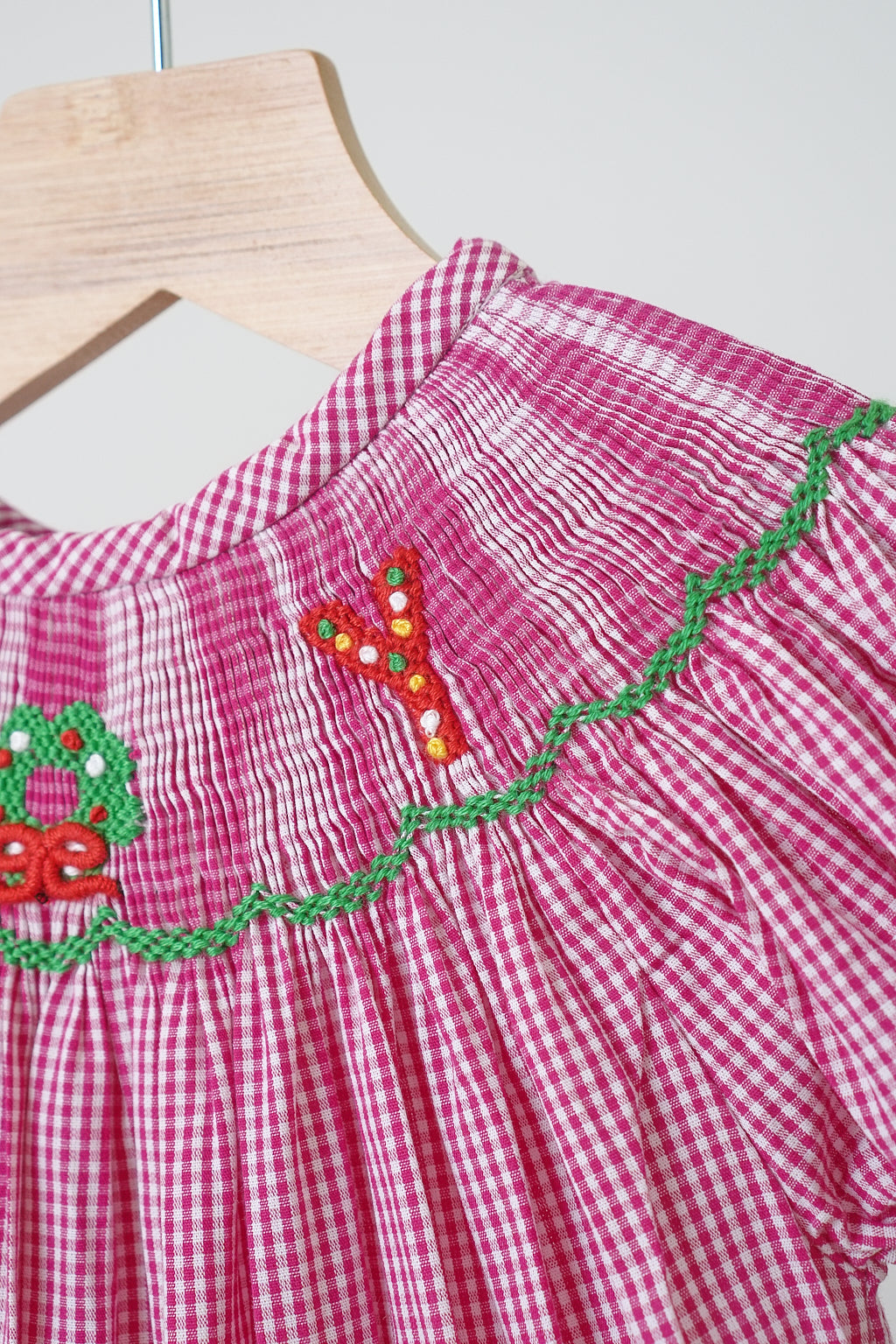 Pink Christmas Joy Hand Smocked Girl Gingham Romper