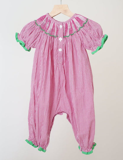 Pink Christmas Joy Hand Smocked Girl Gingham Romper